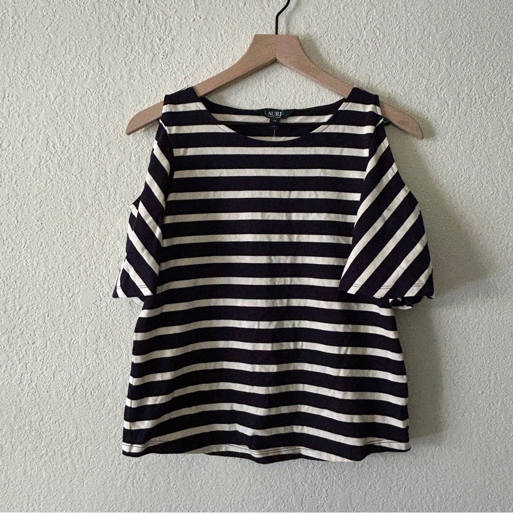 Lauren Ralph Lauren Navy White Striped Cold Shoulder Top Women’s —XS